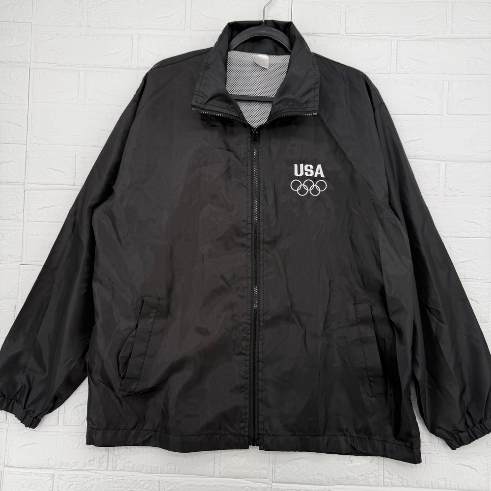 USA Olympics Windbreaker Jacket Mens XL Black Full Zip Mesh Lined Lightweight